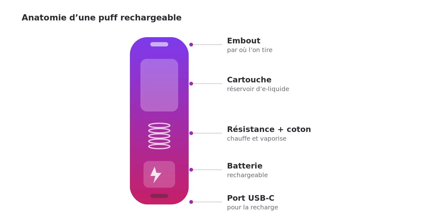 Anatomie d’une puff rechargeable : embout, cartouche, résistance, batterie, port USB-C